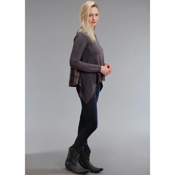 Stetson Knit Long Sleeve Grey Plaid Flannel Waterfall Sweater Size Large - Picture 3 of 11